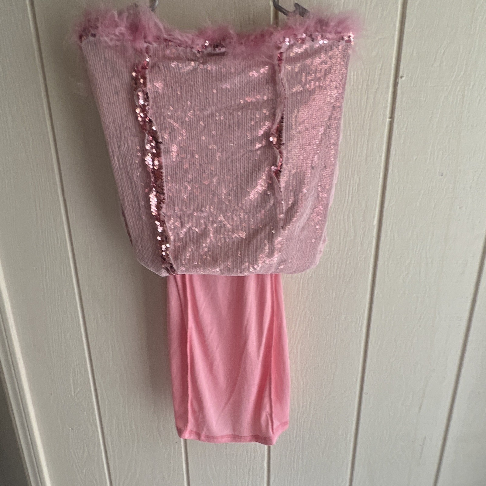 Kouture Marchi Pink Sequin Feather Hem Sweetheart Bodycon Mini Dress, M