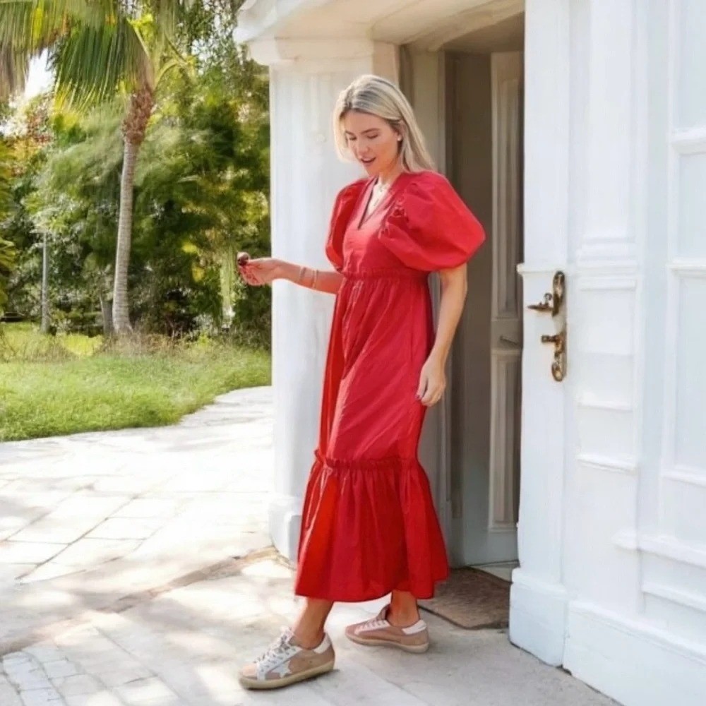 Hunter Bell Medium Palmer Midi Maxi‎ Puff Sleeve Ruffle Dress Cherry Tuckernuck