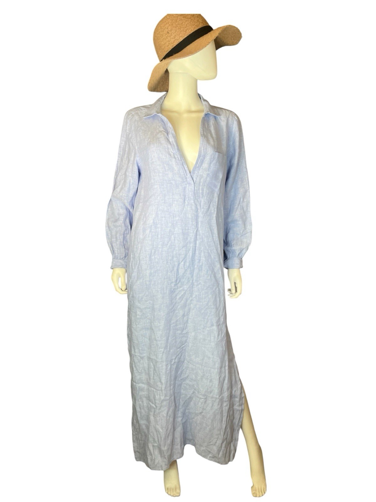 Jcrew Cabana Linen Maxi Blue Dress Size M Long Sleeves Side Slit & Pocket