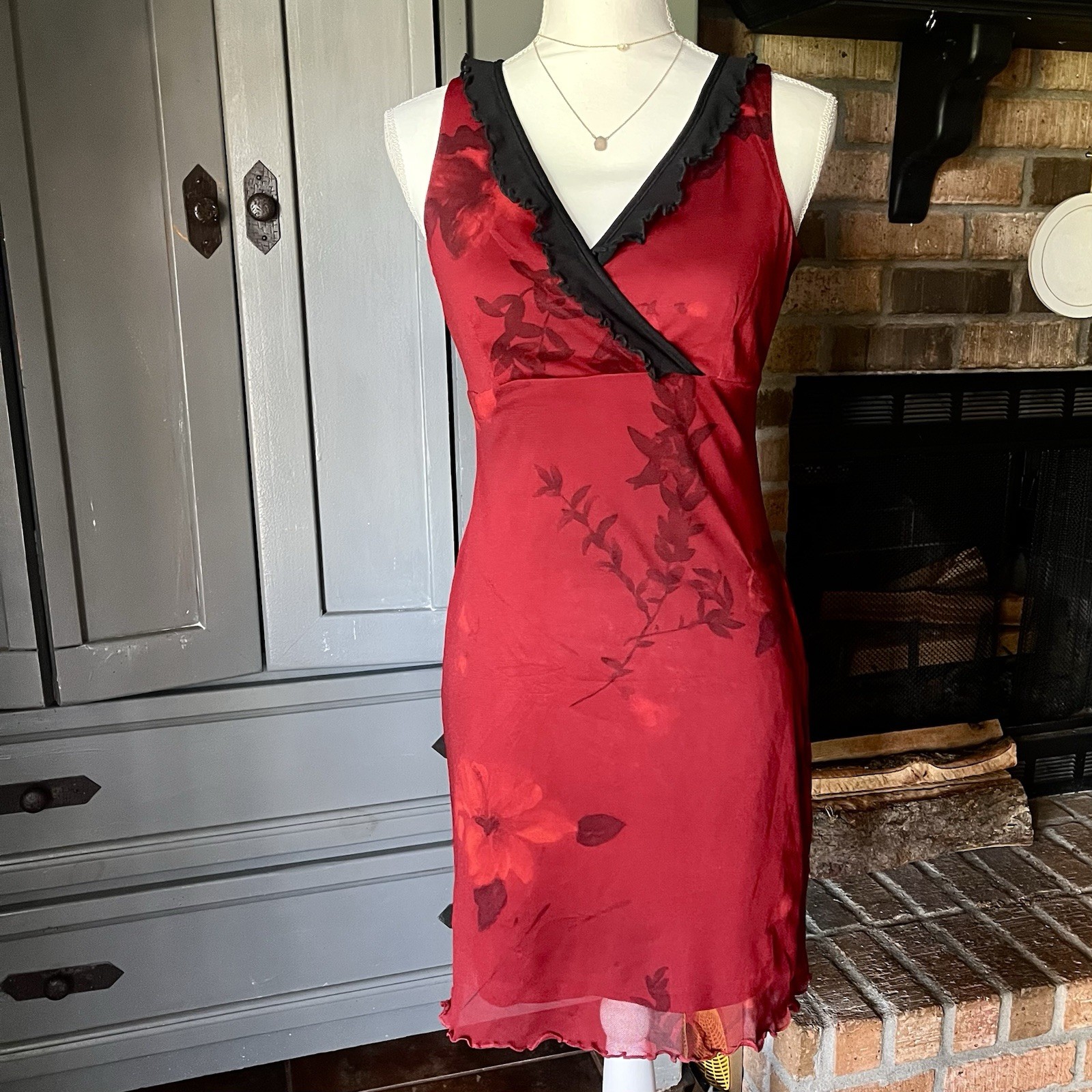 Y2K Vintage 3 Suisses Red Floral Mesh Slip Dress Goth Coquette Eur38/US M