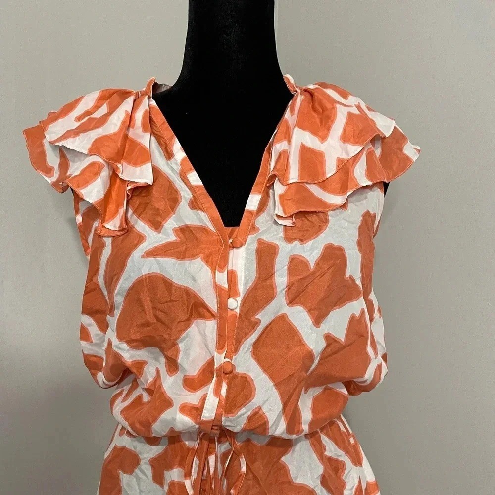 Ann Taylor Loft 100% Silk Coral and White Geometric Ruffle Sleeve Mini Dress