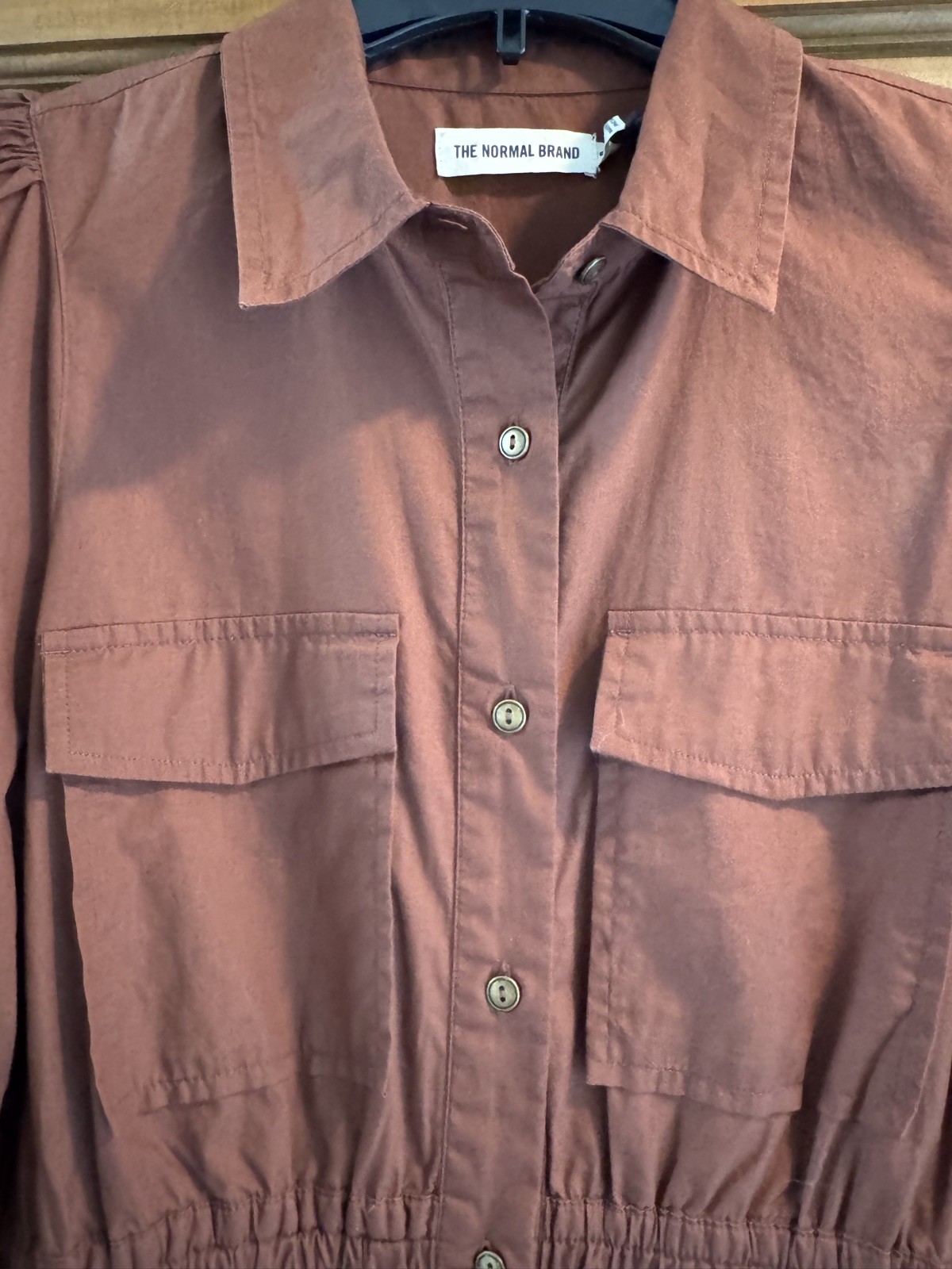The Normal brand Avery Utility Dress in Espresso Small Button Down Collared NWT