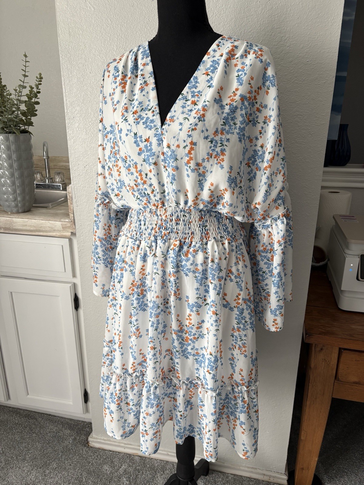 Jollycode L Long Sleeve V-Neck Floral Smocked Ruffle Tie Knee Sundress