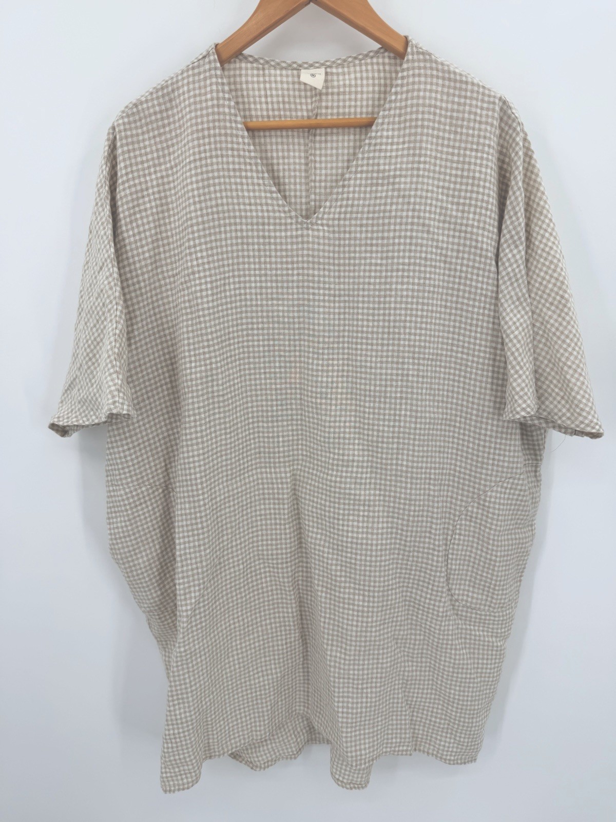 Lintico Khaki Gingham Check 100% Linen Sz M Dress V Neck Lagenlook Beach Coastal