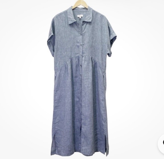 Haven Well Within Talbots Linen Button Front Midi Shirt Dress Blue Extra Small