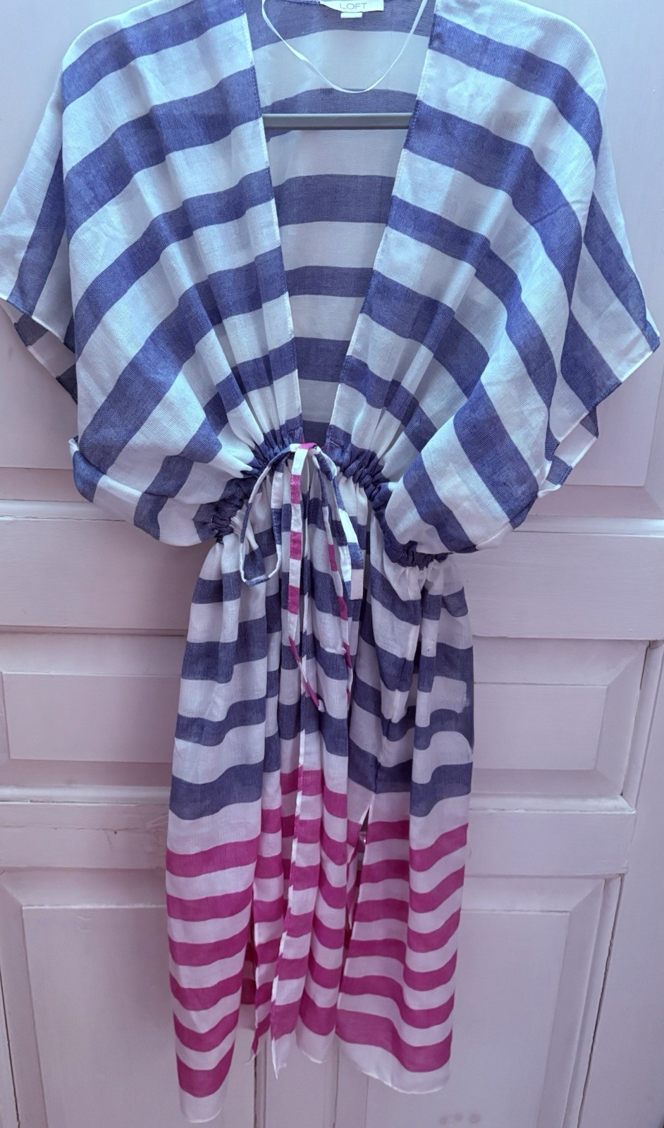 LOFT Women’s Striped Drawstring Waist Beach/Pool cover up/Medium/Large pink/blue