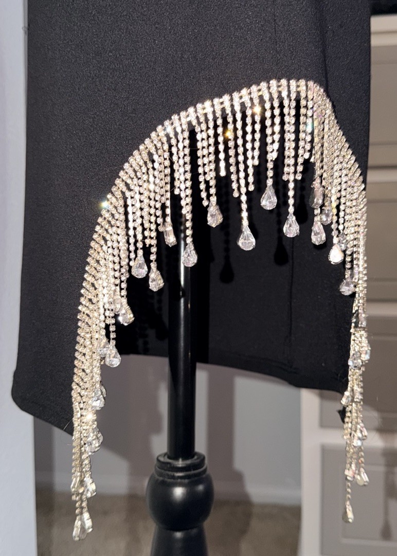 Riley & James Black V-Neck Sheath Dress with Rhinestone Fringe | Size large.