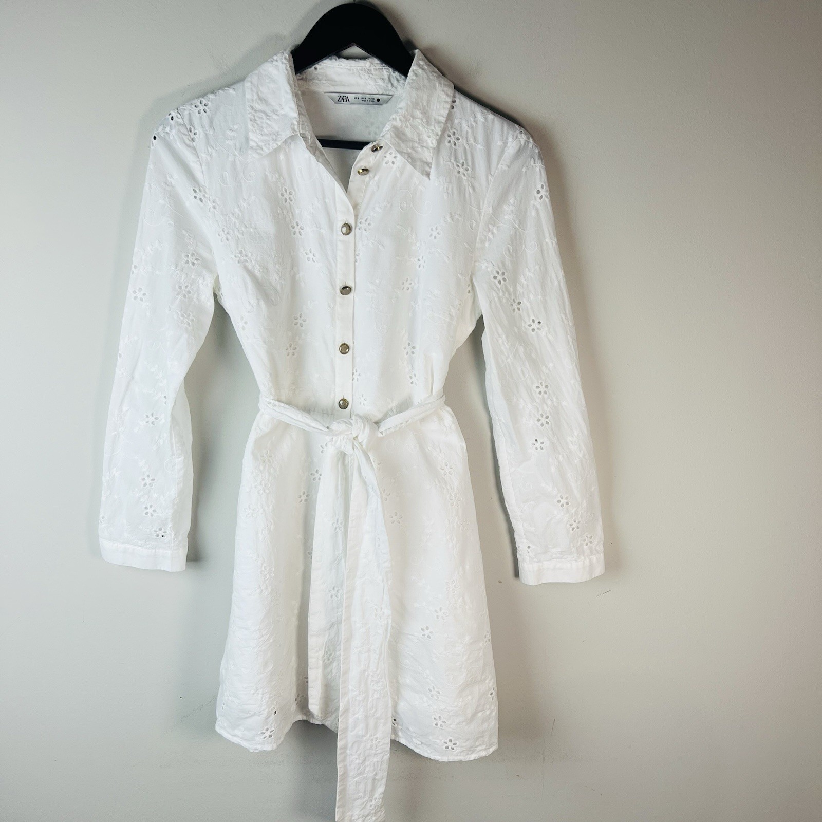 ZARA Openwork Eyelet Embroidered Short Belted Oyster White S Long Sleeve