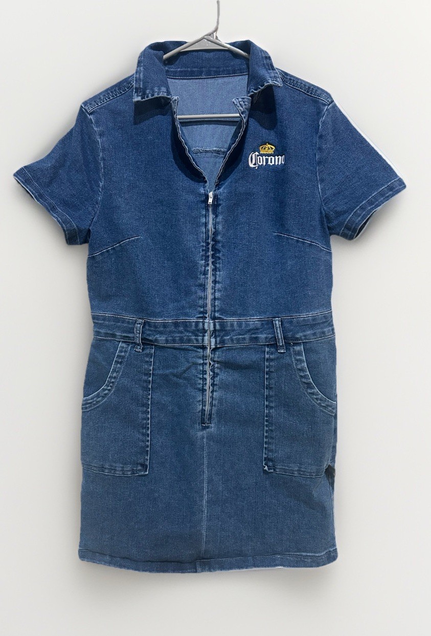 Rare Corona Beer Logo Embroidered Promotional Mini Denim Zip Front Dress Large
