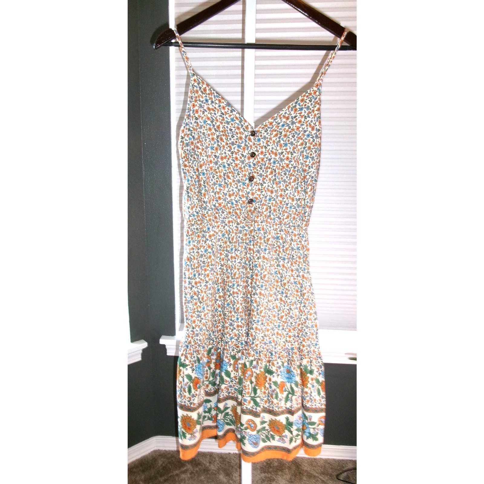 Boho Floral Border Print Midi Dress Button Front Sleeveless Women’s M