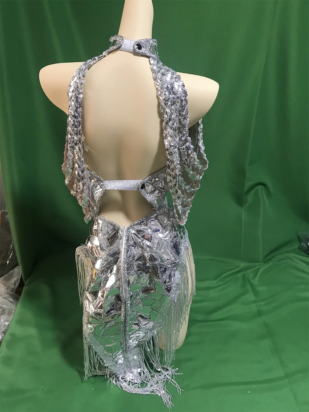 Silver Sequin Tassel Dress Dance Singer Costume Festival Drag Queen Outfit