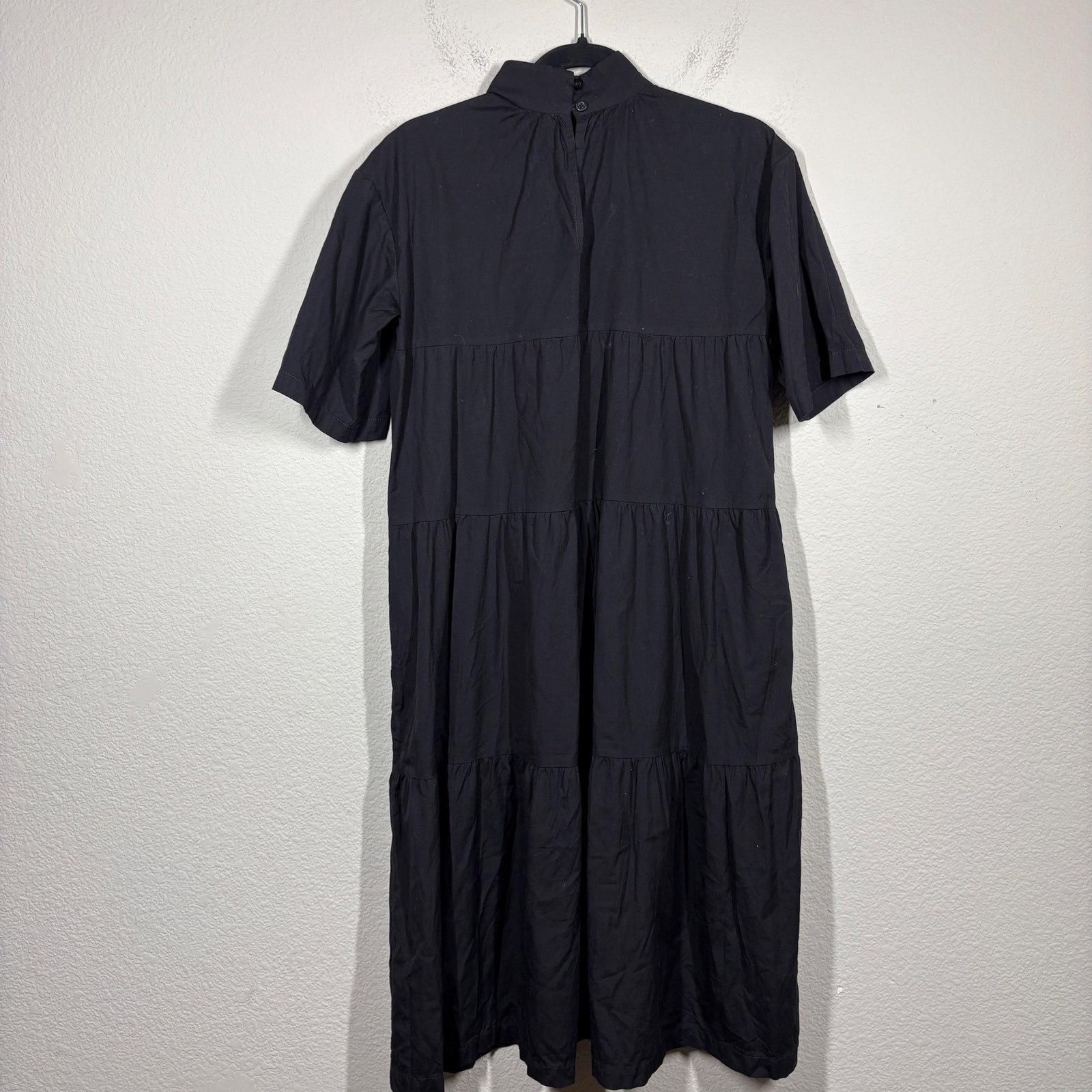 Everlane Small Mock Neck Tiered Midi Dress Black Cotton Side Pocket