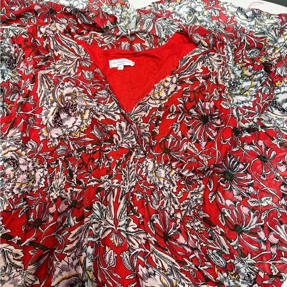 Le Raganne Silk Blend Red Floral Midi Dress