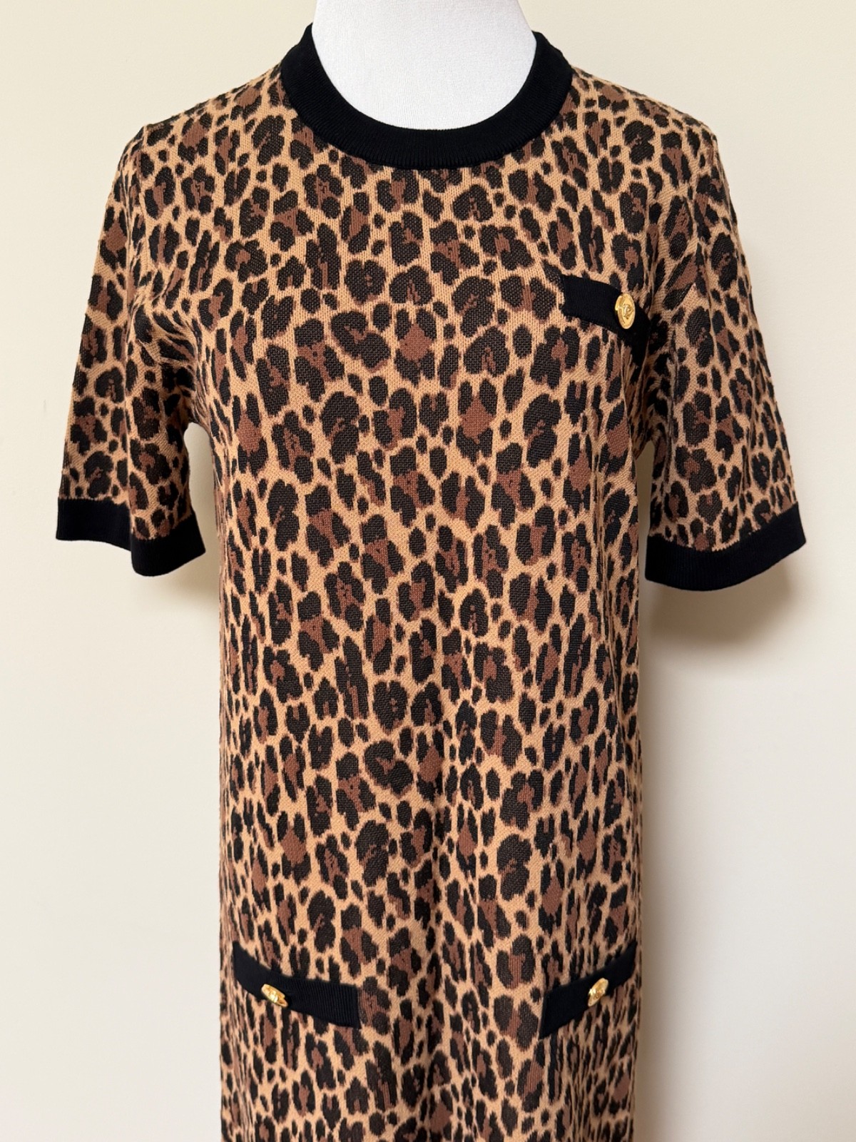 NWT Versace Medusa Logo Button Leopard Intarsia Print Knit Dress 46 US 10 $2950