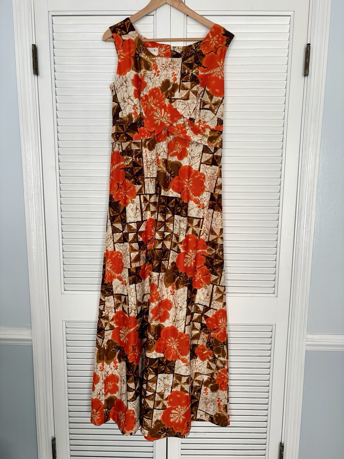 Hawaii Nei Orange/Brown/White Floral Scoop Neck Maxi Dress Zip Women 16