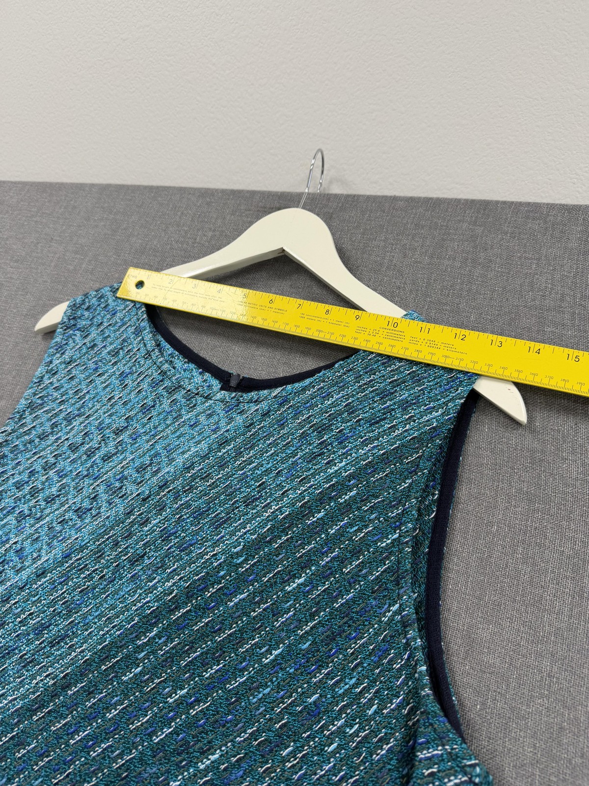 St. John Dress Womens 16 Blue Colorblock Teal Sheath Sleeveless Lined Tweed