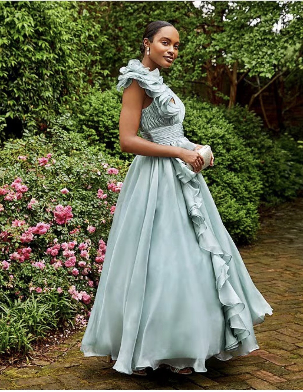 Mac Duggal Light Blue Chiffon One-Shoulder V-Neck Ruffle Long Gown Size 2