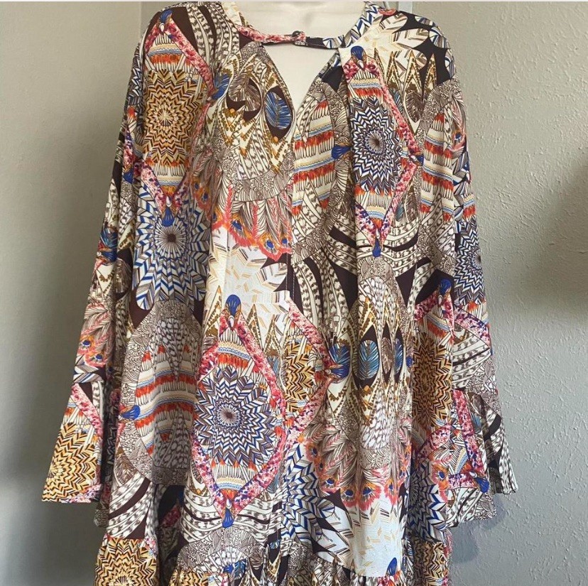 Umgee Bohemian Multicolor Printed Bell Sleeve Ruffle Hem Mini Dress Size M