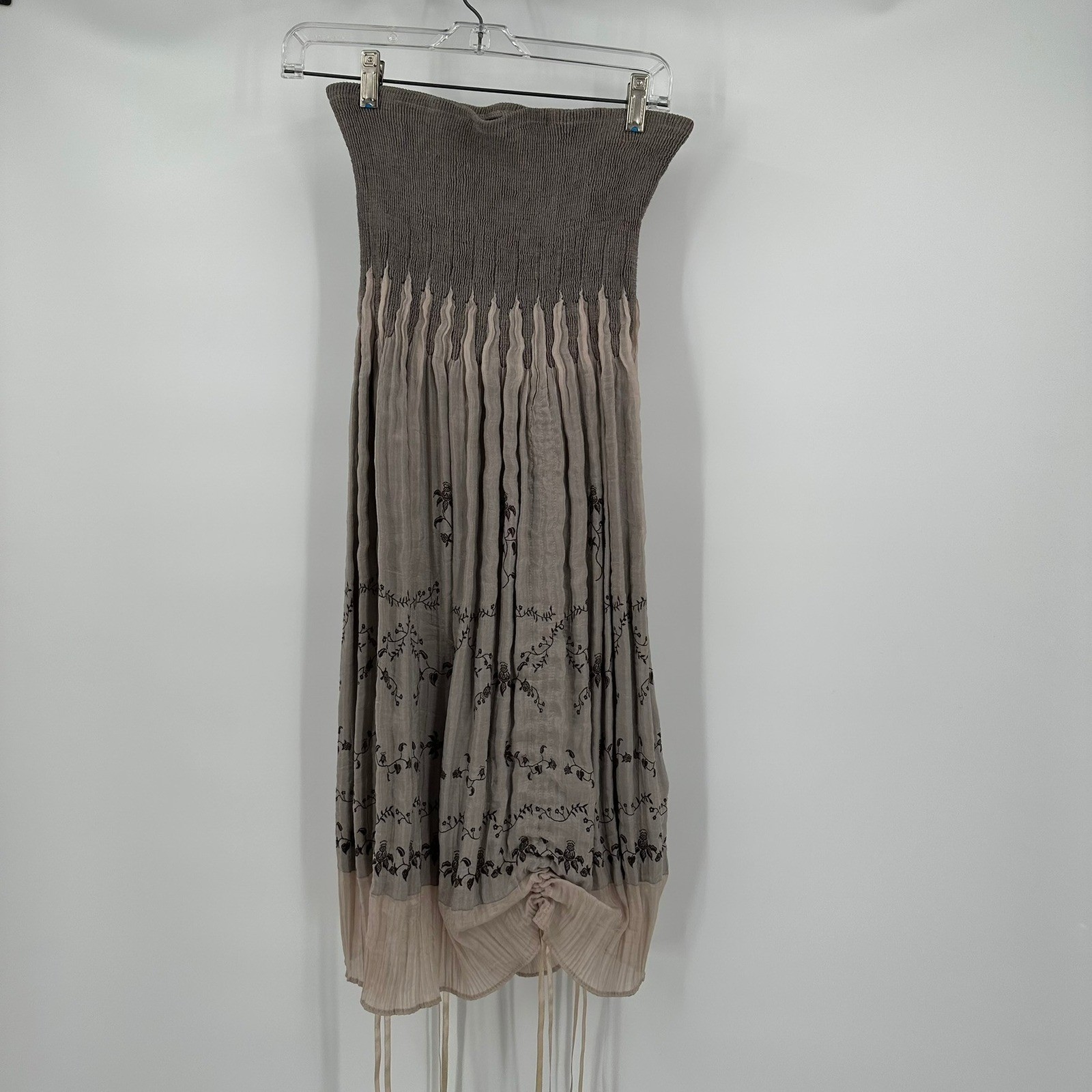 Womens Boho Fairy Smocked Strapless Midi Dress OS Floral Adjustable Hem Festival