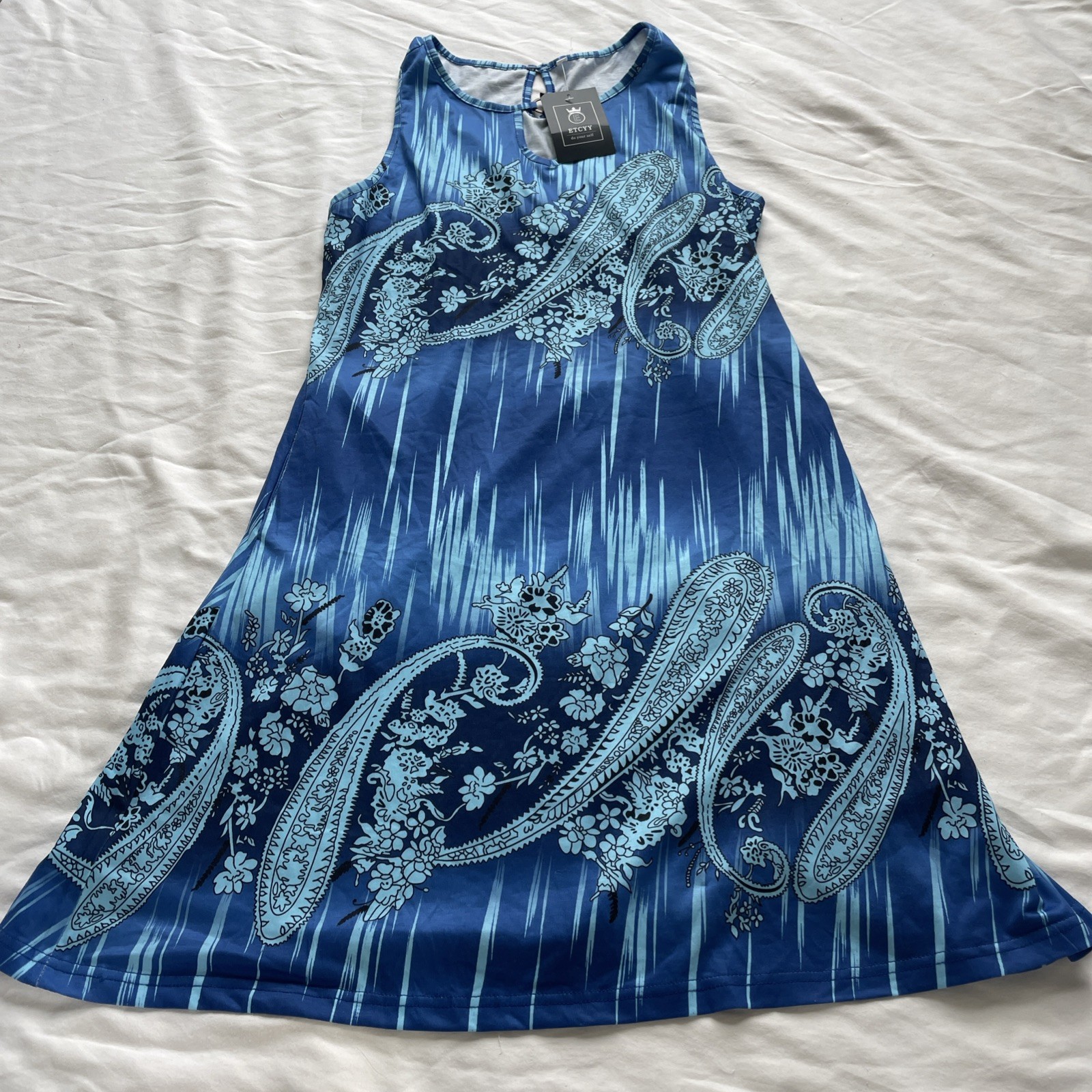 Women’s ETCYY Blue Print Dress New With tags Size Medium Shipping Included
