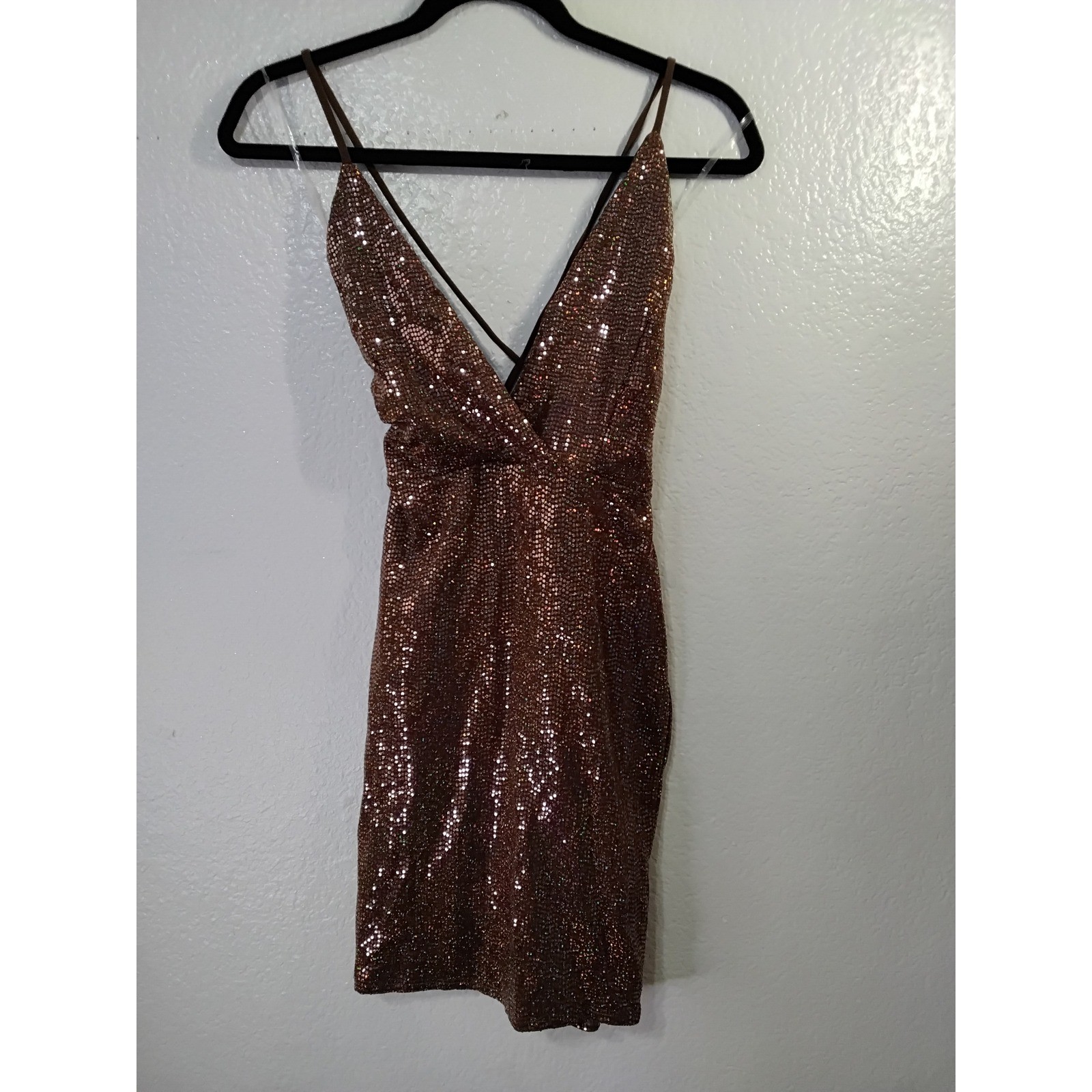 Laqueen Brown Sequin Mini Dress Open Back Lace Up Cocktail Party V-Neck (31)