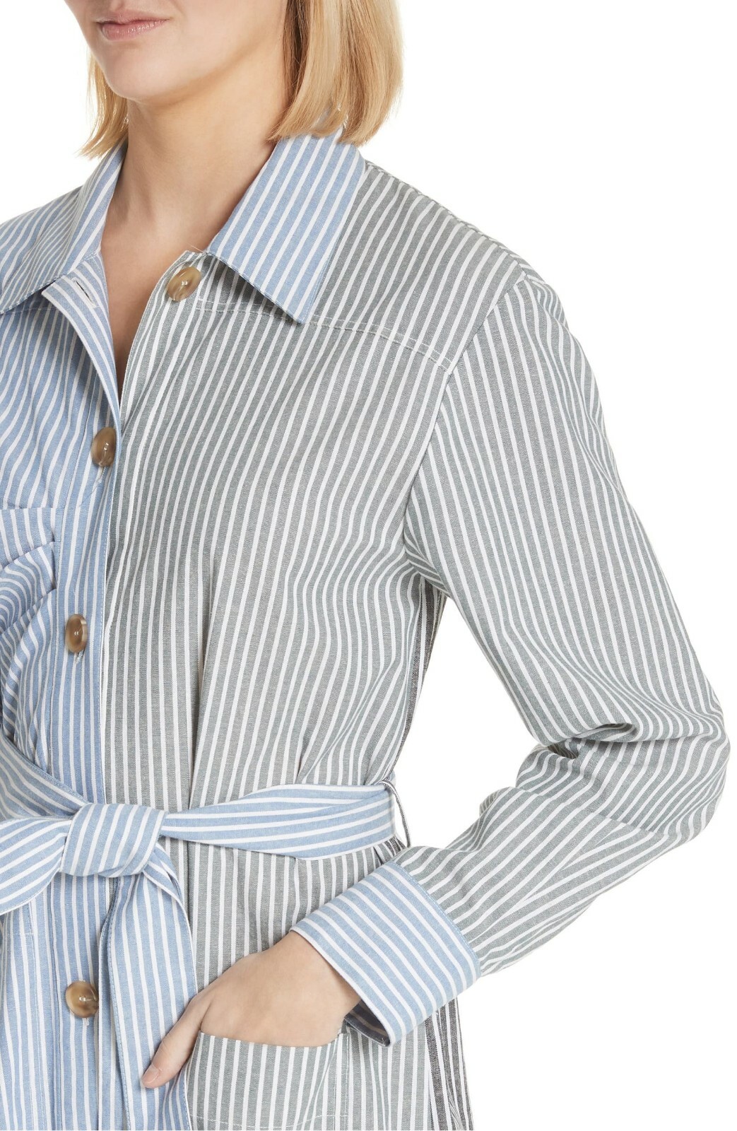 REJINA PYO Black Blue Stripe Asymmetric Tie Waist Cotton Button Shirt Dress M 8