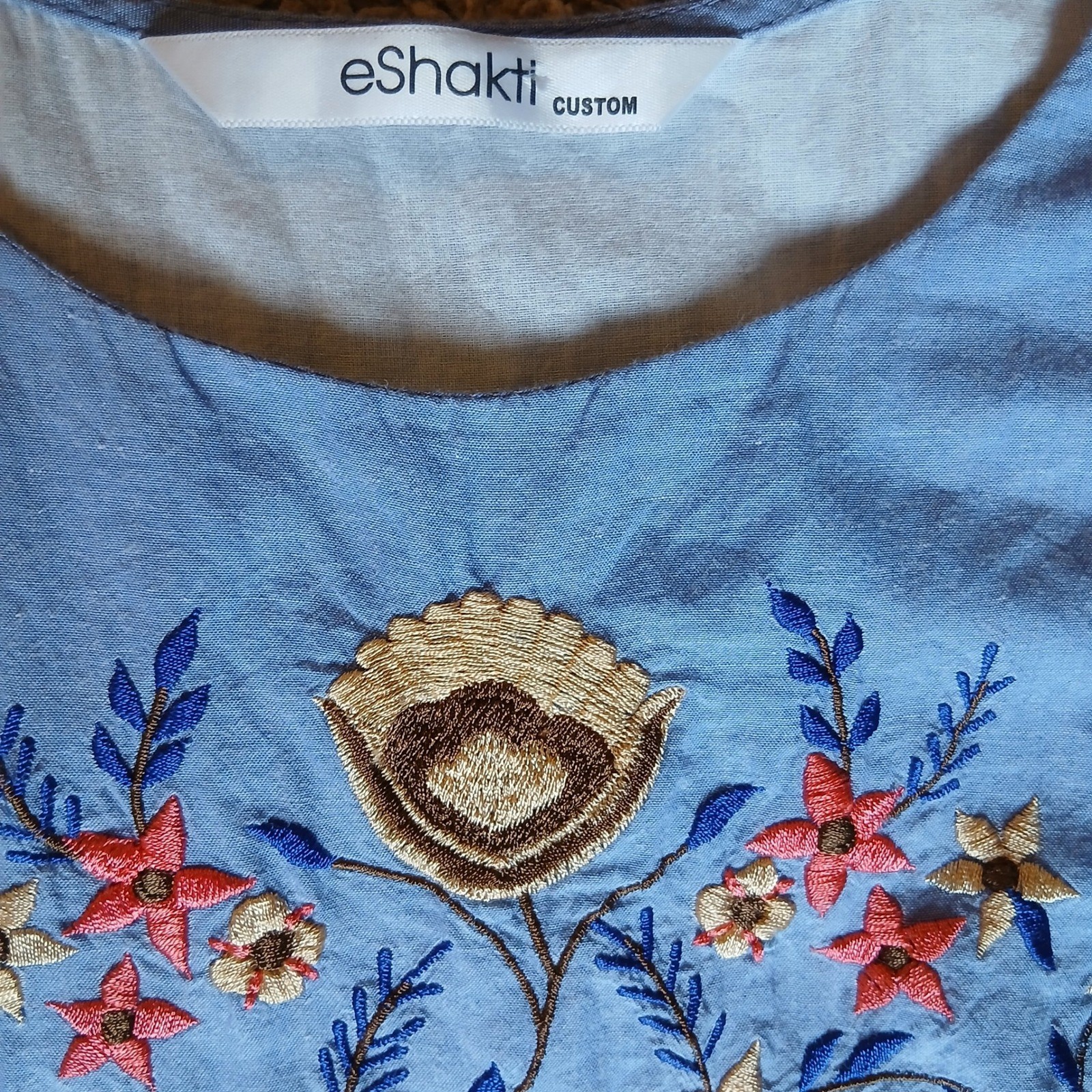 eShakti Custom Periwinkle Embroidered Cotton Maxi Dress Pockets Boho Cottagecore