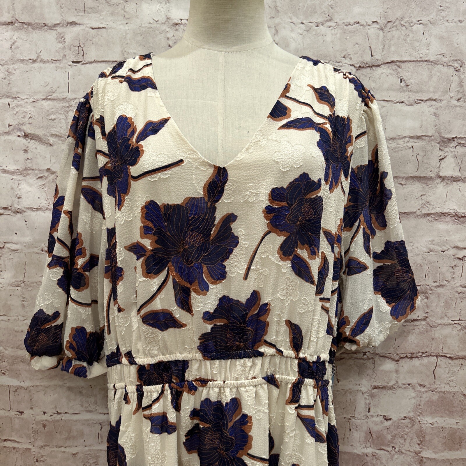 DRAPER JAMES RSVP Womens Jacquard Woven Midi Dress Floral Ivory Navy Size 1X NEW