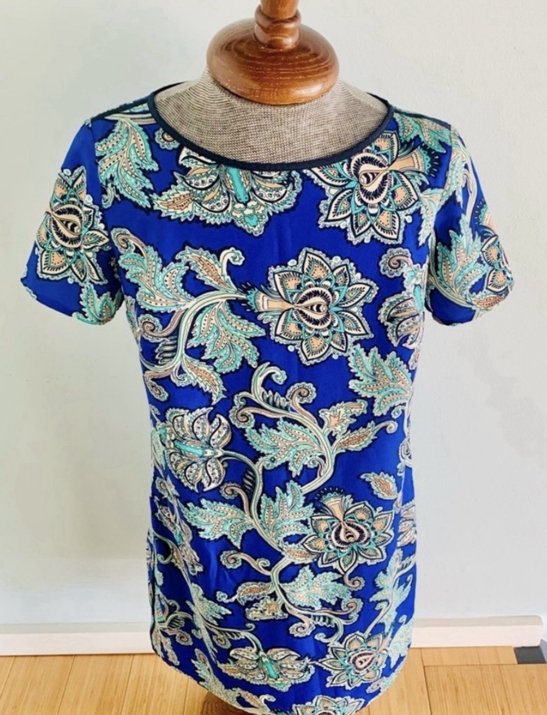 LOFT Paisley Short Sleeve Shift Dress Blue Teal Tan