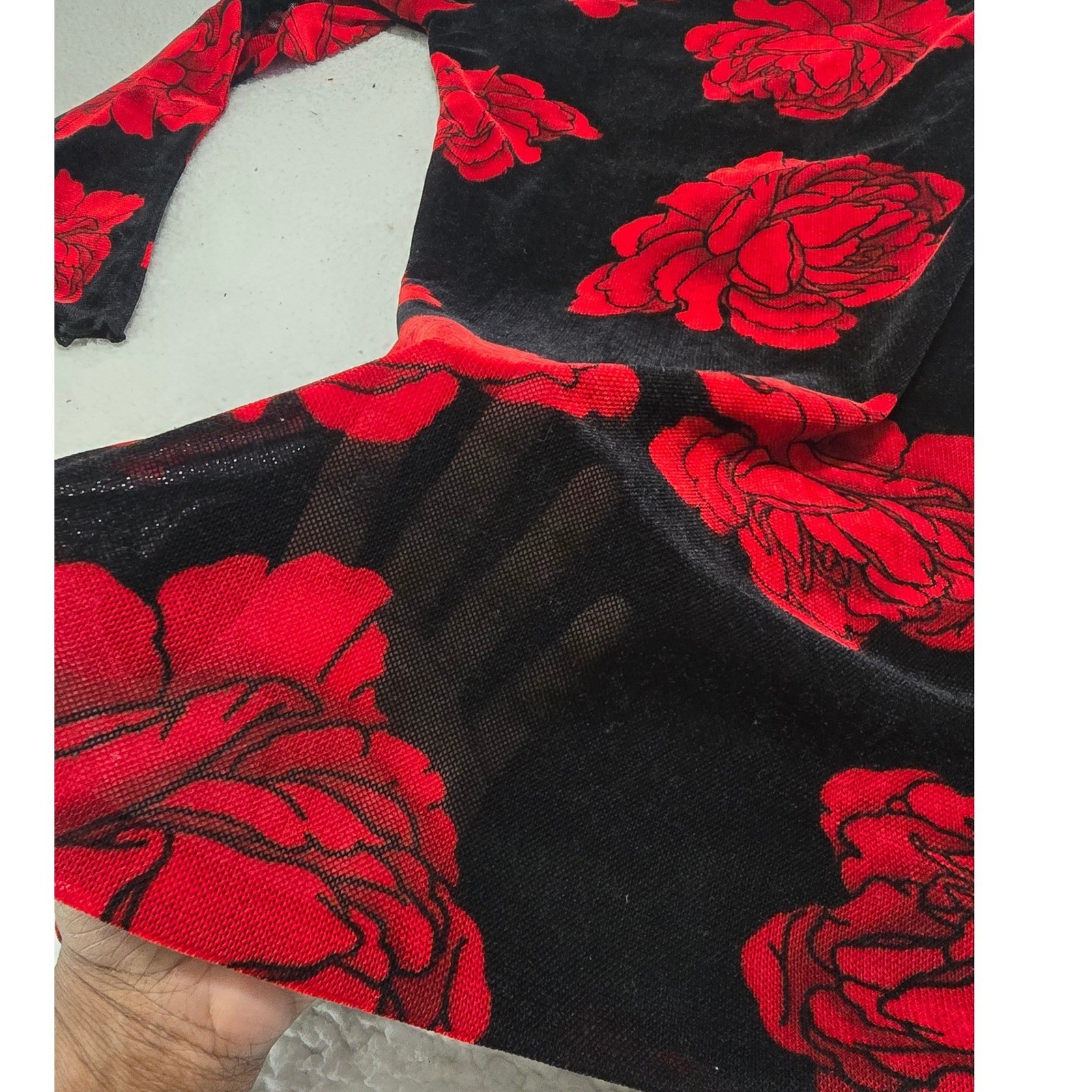 Thirty Thirty LA Red Rose Velvet Mesh Bell Sleeve Mini Dress Black M 7DDED260