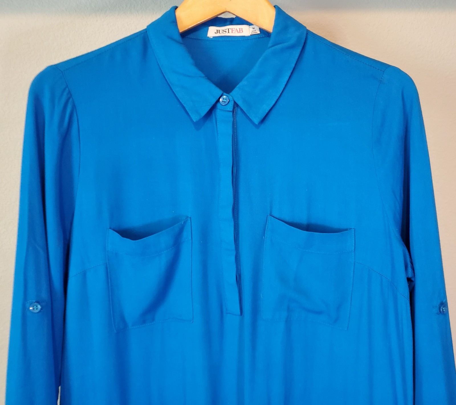 JustFab Blue Shirt Dress M Drawstring Waist Tab Sleeve Rayon Pockets