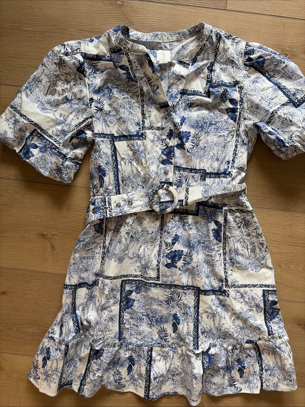 Joie Cotton Dress Puff Sleeve Belted Floral Cowgirl Blue Sz 8 Coastal Blue White