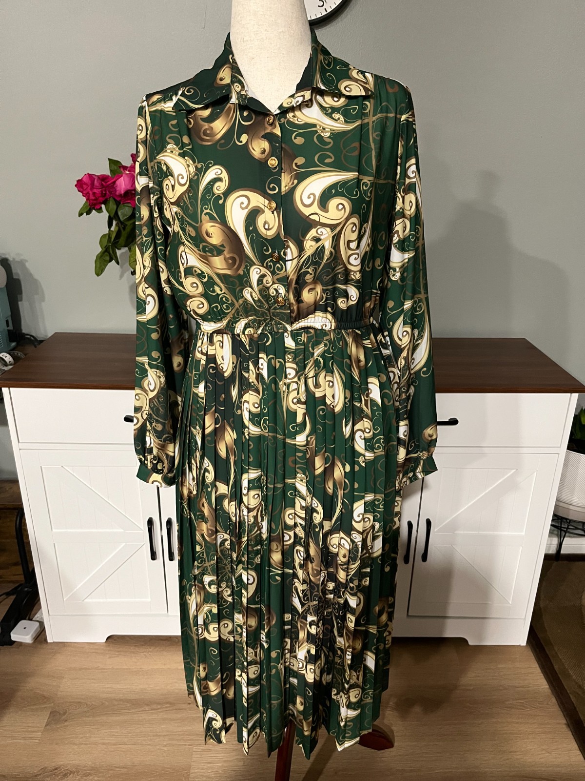 Vintage Style Pleated Long Sleeve Midi Green Shirt Dress