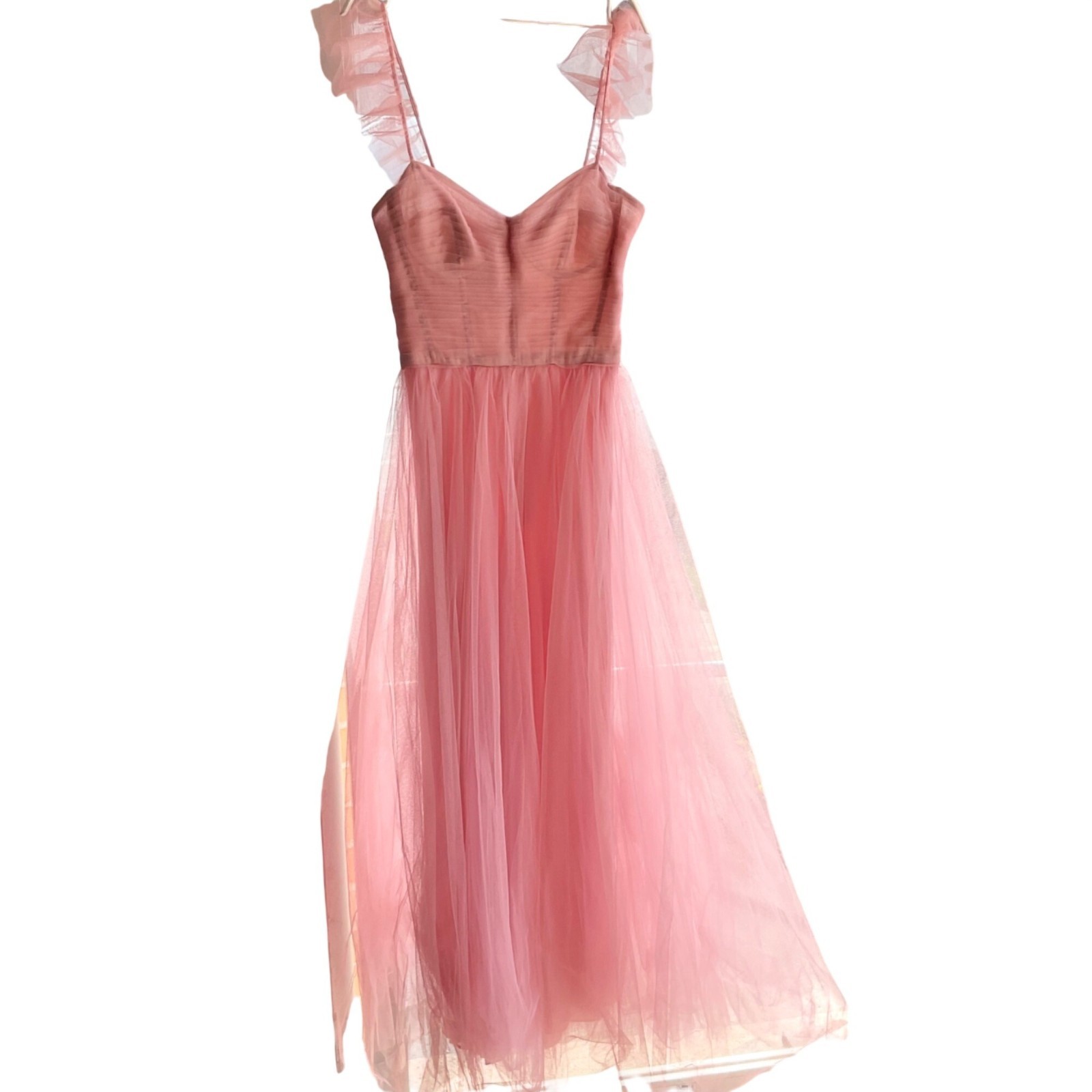 USA MADE Monique Lhuillier Square Neckline Long Dress Gown silk pink8 bust35in