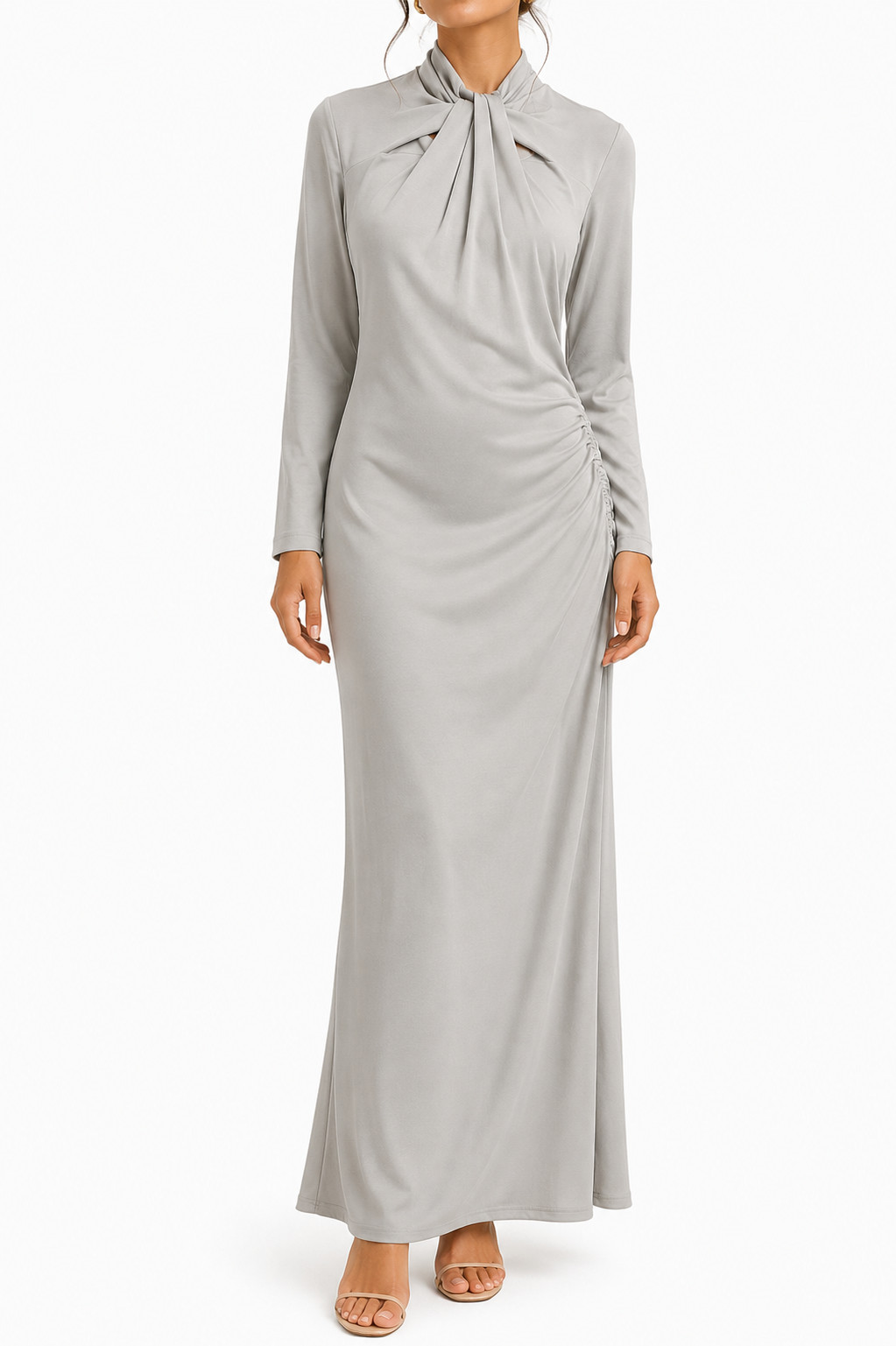 Bnwt Giorgio Armani High Neck Tie Detail Midi Dress Long Sleeve Ruched Size 44
