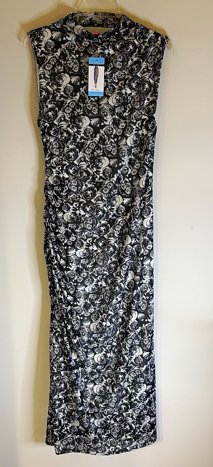 Betsey Johnson Womens L Black White Floral Cowl Neck Ruched Stretch Midi Bodycon