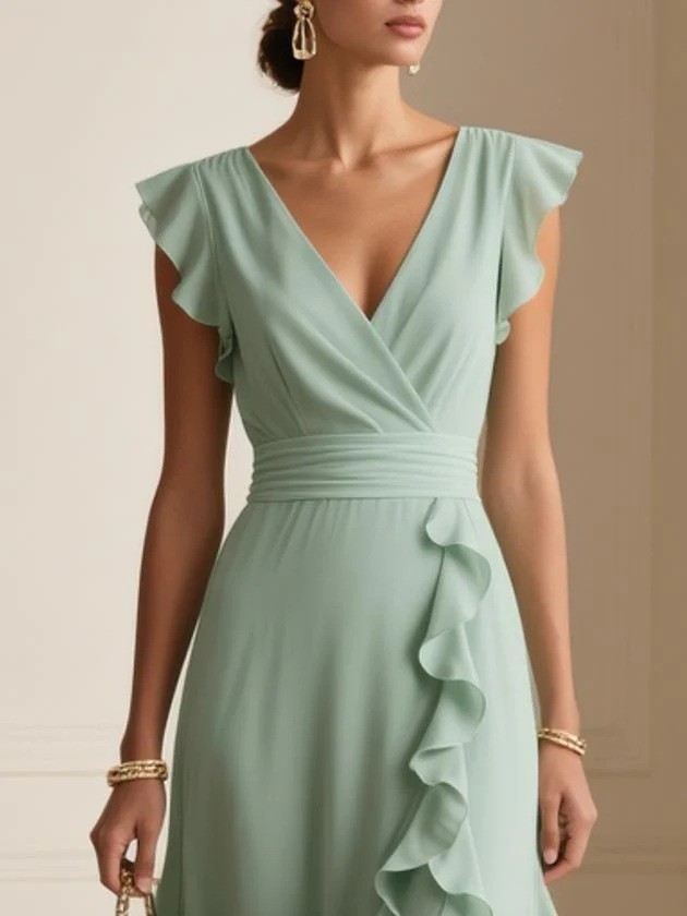 Women’s Elegant Solid Color Ruffle Sleeveless Sexy V-Neck Long Dress Fashionable