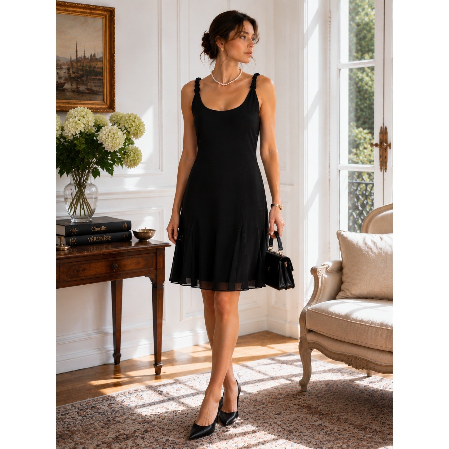 Vintage Alex Evenings Black Beaded Strap Cocktail Dress Petite 14P Midi Formal
