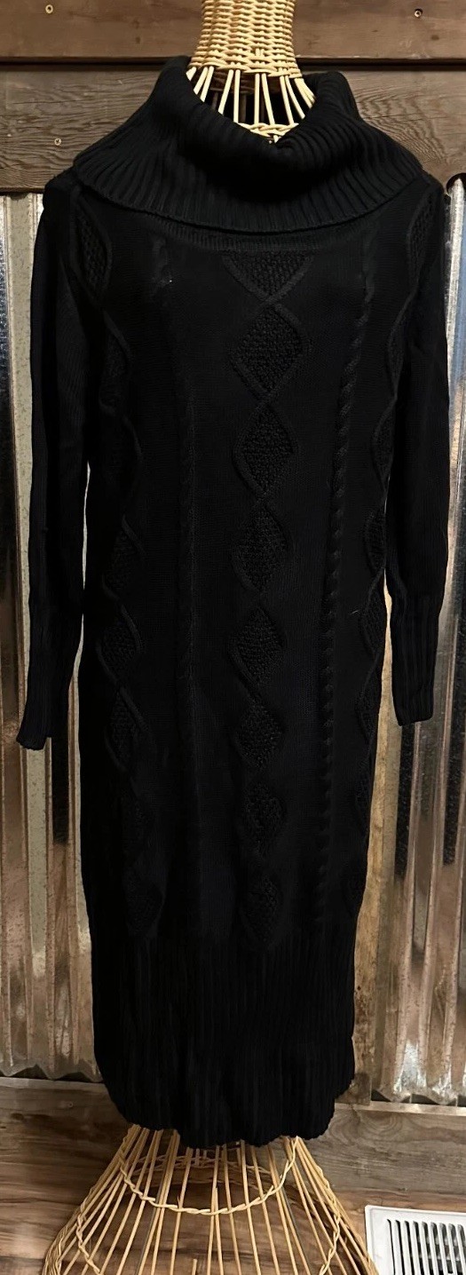 Appraisal Large Sweater Dress Black Chunky Cable Knit Turtleneck Dark Witchy