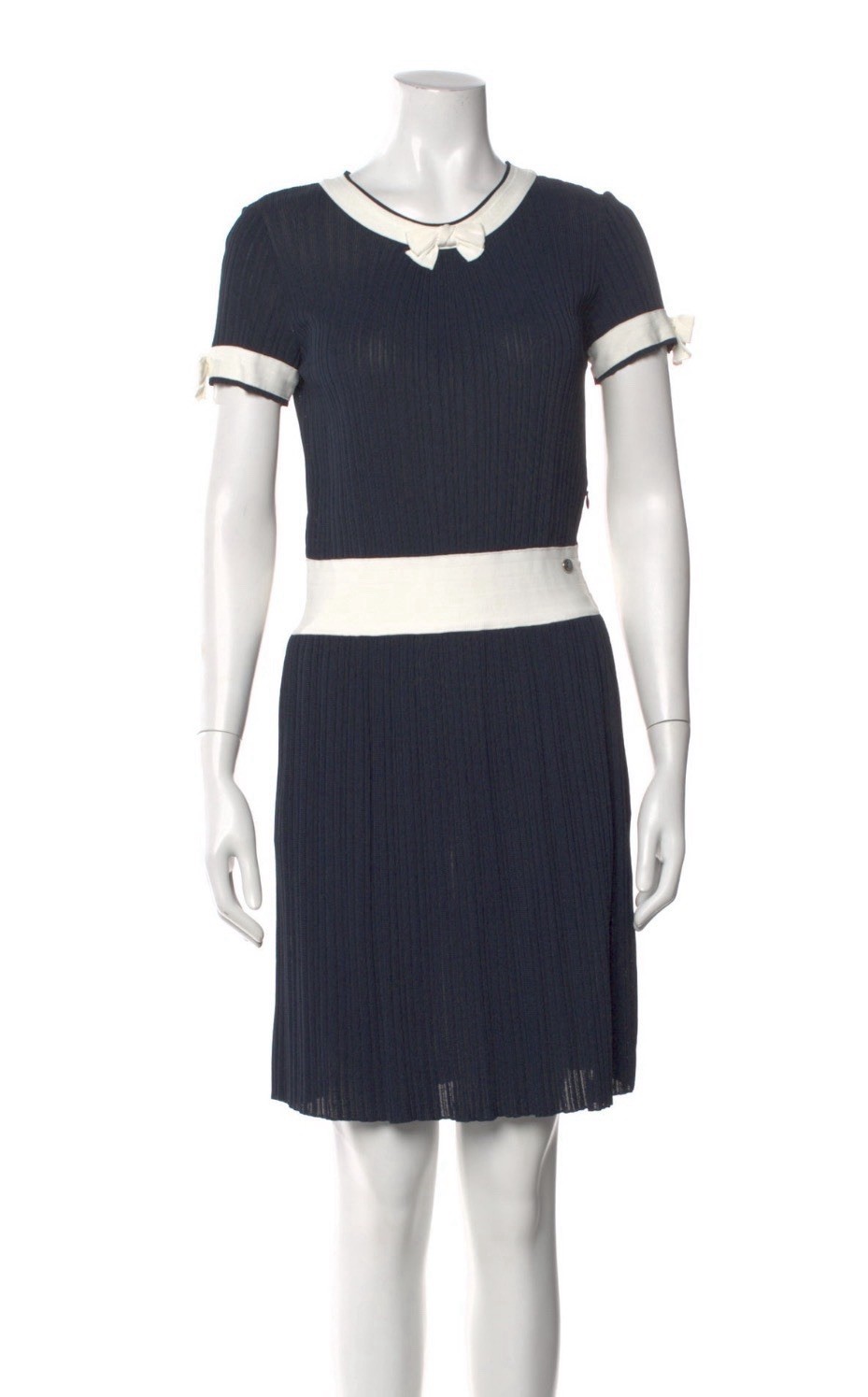 CHANEL Pre-spring 2014, 14P, Navy &White Bow Detailed Pleaded Dress, FR34, US0