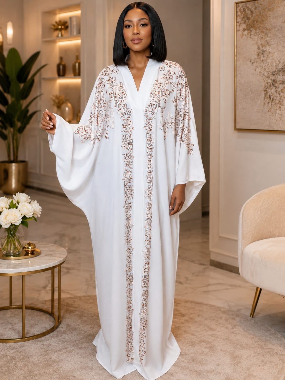 Women’s Turkish White Embroidered Kaftan Abaya with Camisole Modest Maxi Dress