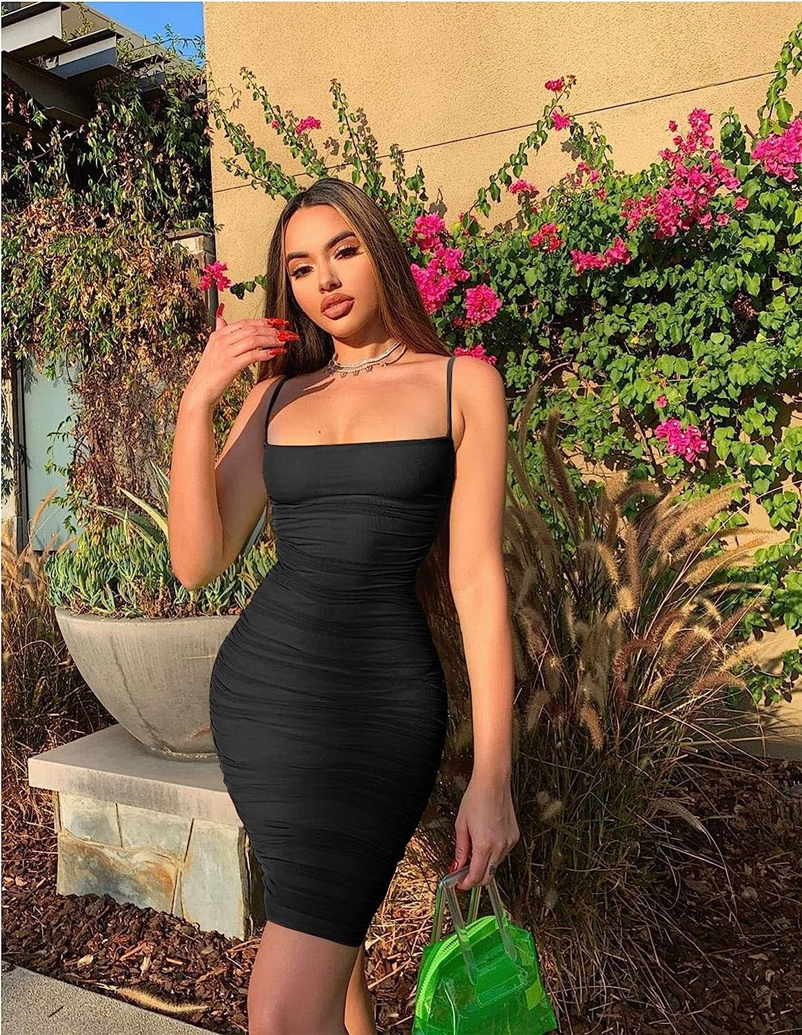 BEAGIMEG Women’s Sexy Spaghetti Strap Bodycon Ruched Club Mini Party Dress