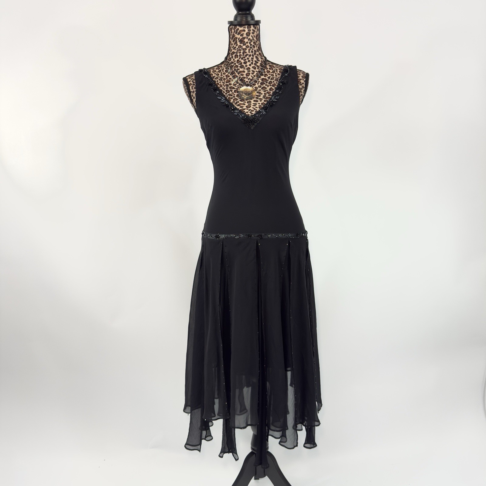90s Black Silk Floral Beaded Embroidered Asymmetrical Ruffled Maxi Dress