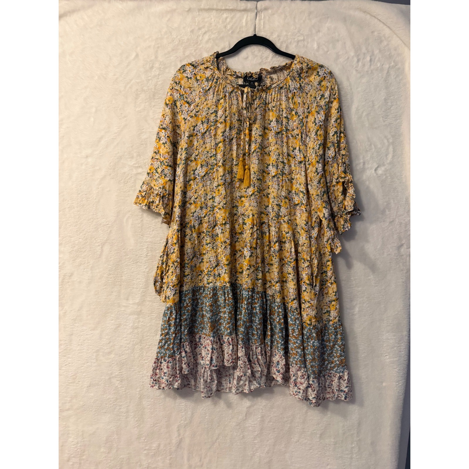 GIGIO USA Yellow Floral Tiered Boho Mini Dress Tassel Tie TC1910 Medium