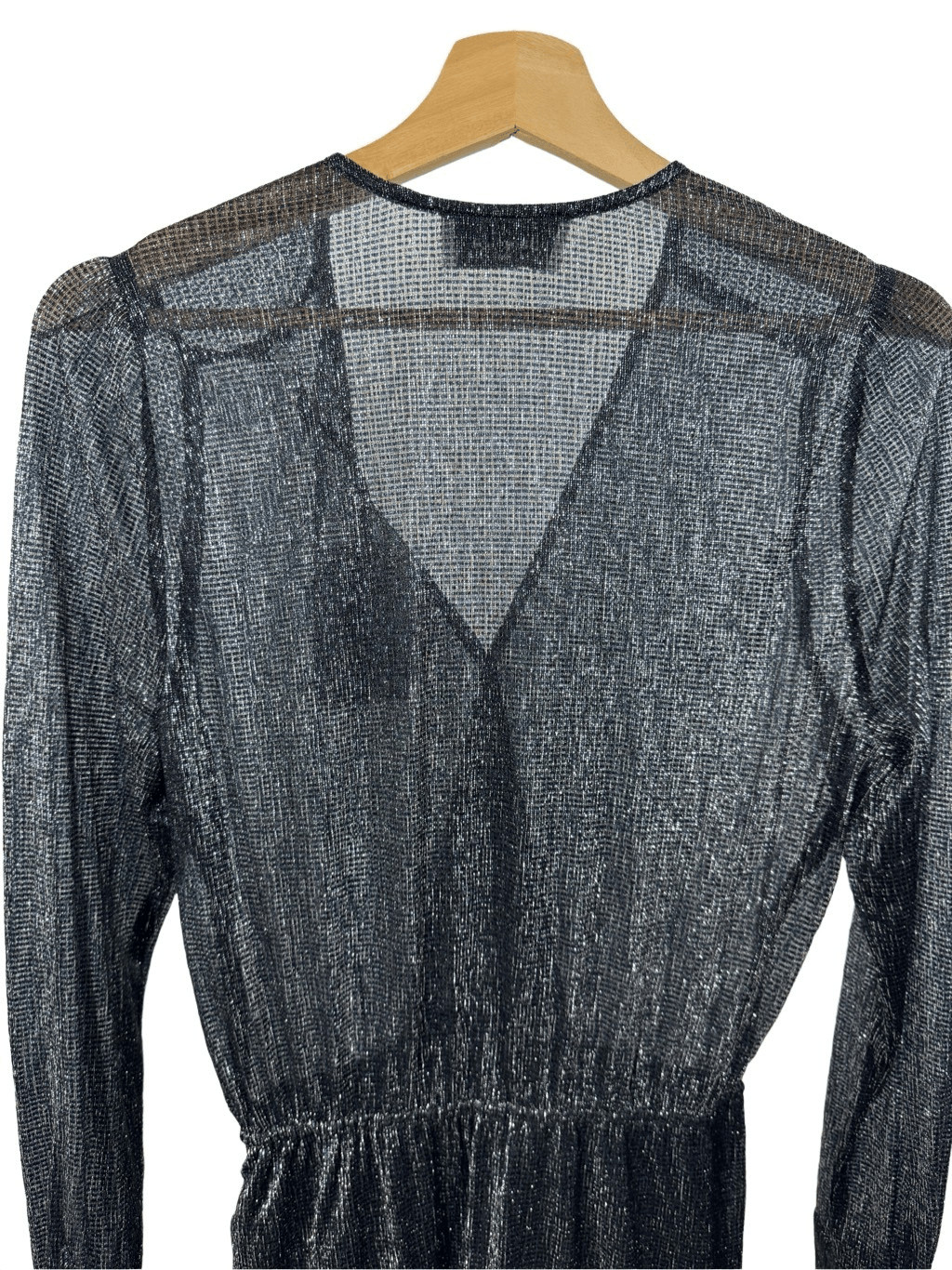 NWT Berenice Metallic Black Long Sleeve Mesh A-line Dress V-neck Ruffle Hem