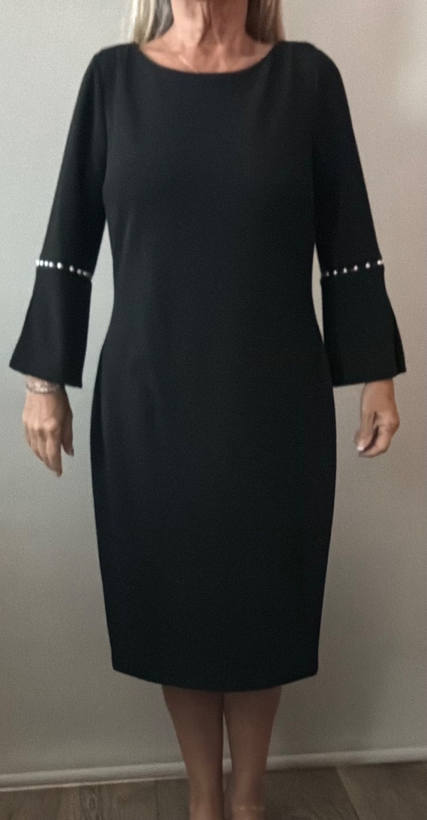 Calvin Klein Black Sheath Dress Pearl Detail Bell Sleeve Size 14