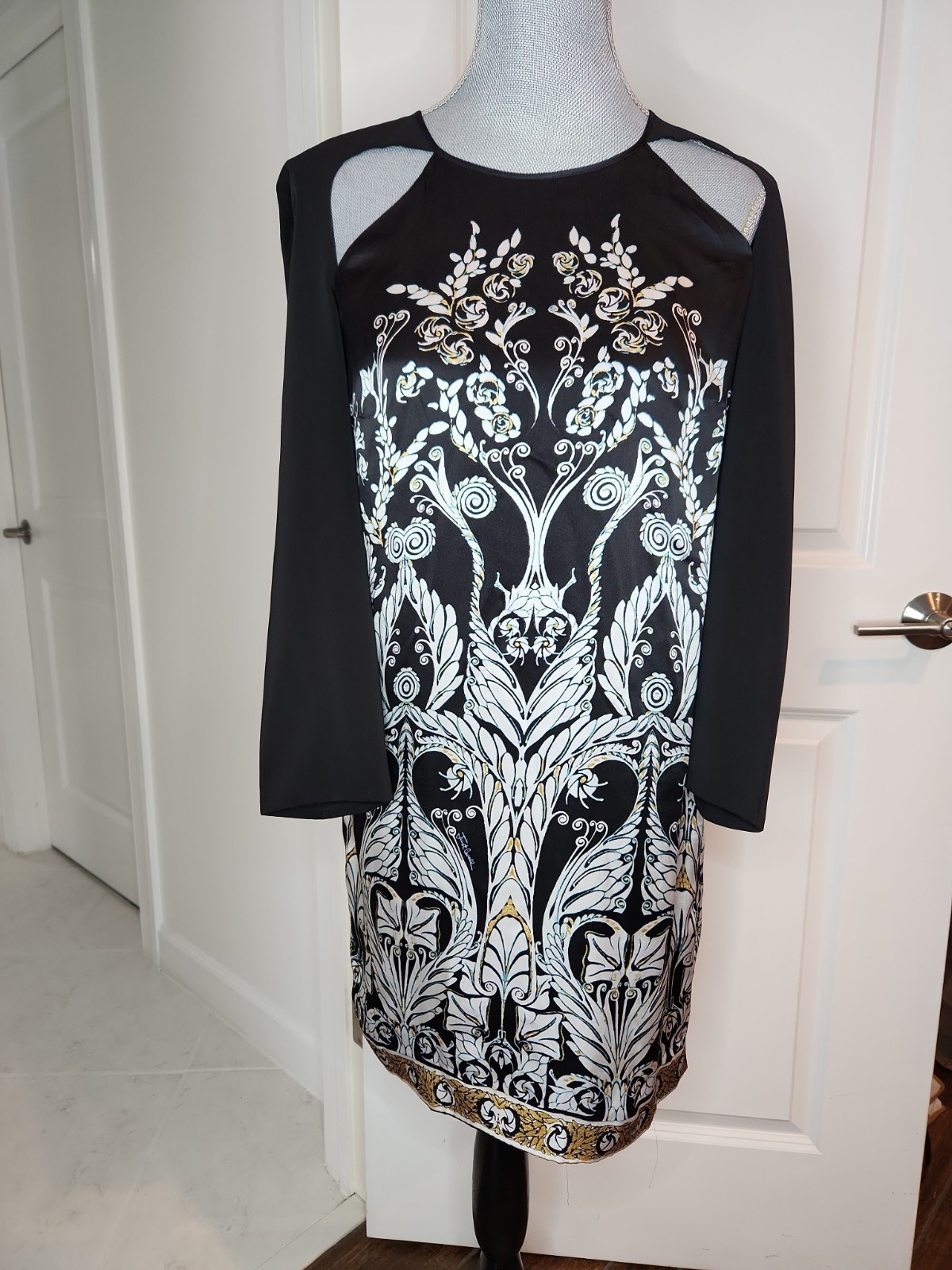 Just Cavalli Silk Dress Womens Sz 44 Blk Gld Wht Blu Floral Print Sheath Bodycon