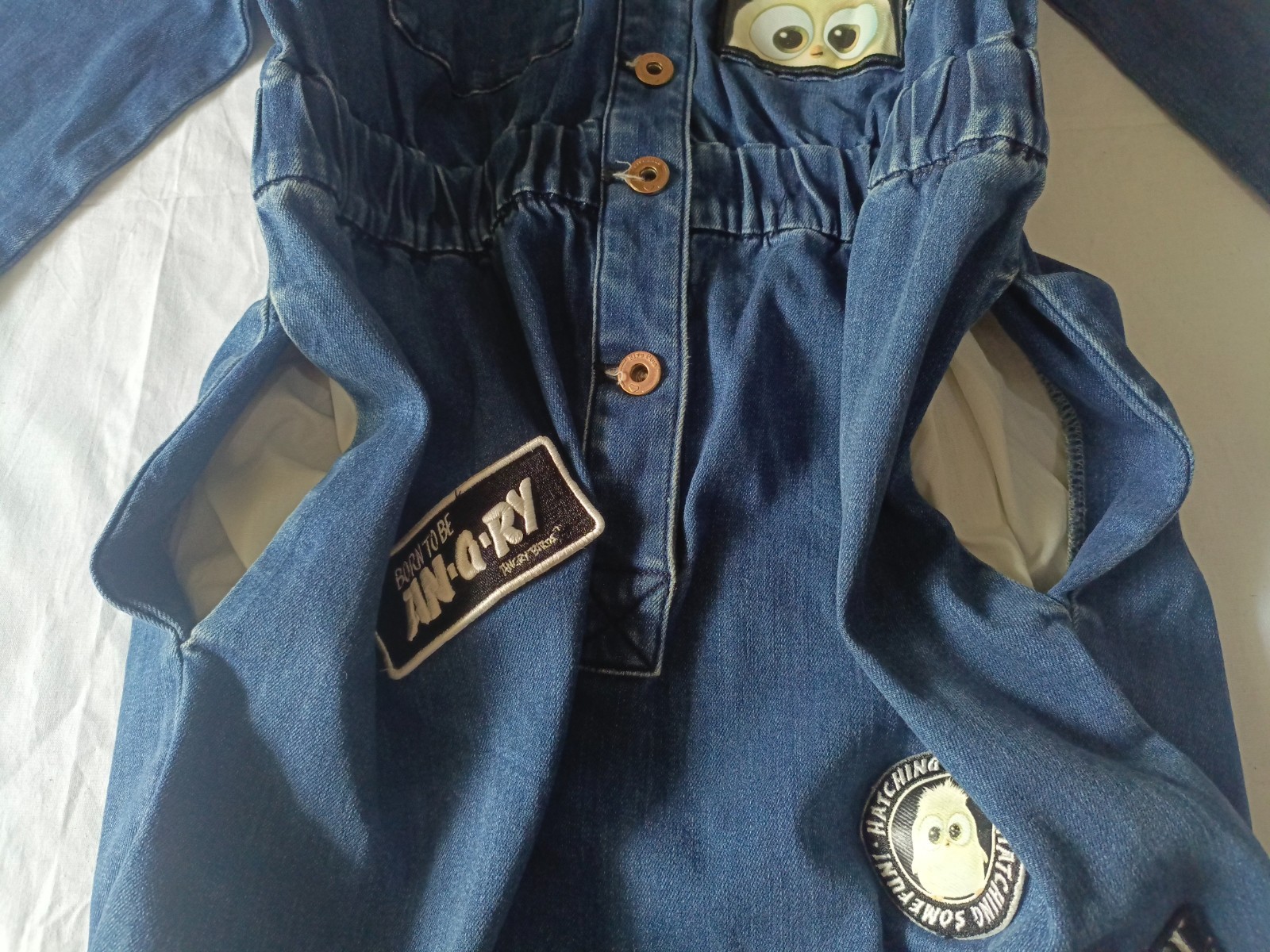 Five Plus Angry Birds Jeans Dress Denim Button Front Midi Utility Dress Size