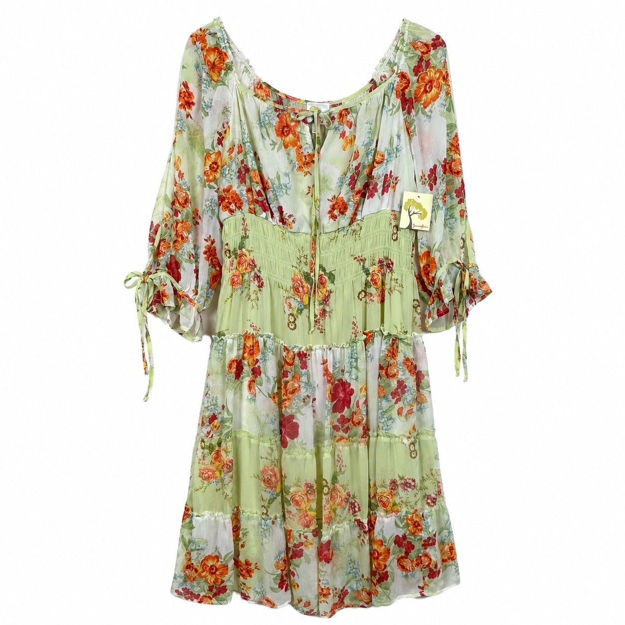 NWT Fig and Flower Peasant Floral Boho Dress Women Large Green Cottagecore Chic