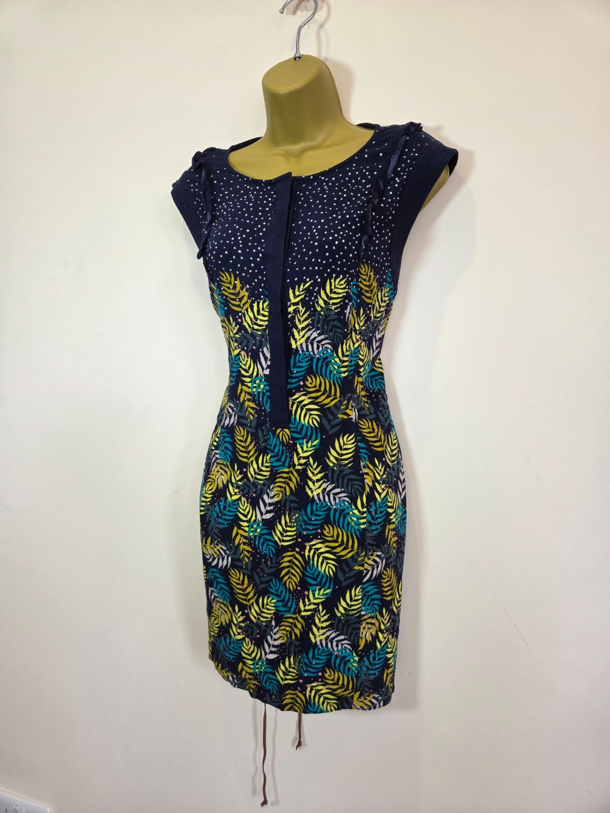 White Stuff Size 14 Navy Blue Gold Sleeveless Belt Leaf Print Autumn Tunic Dress